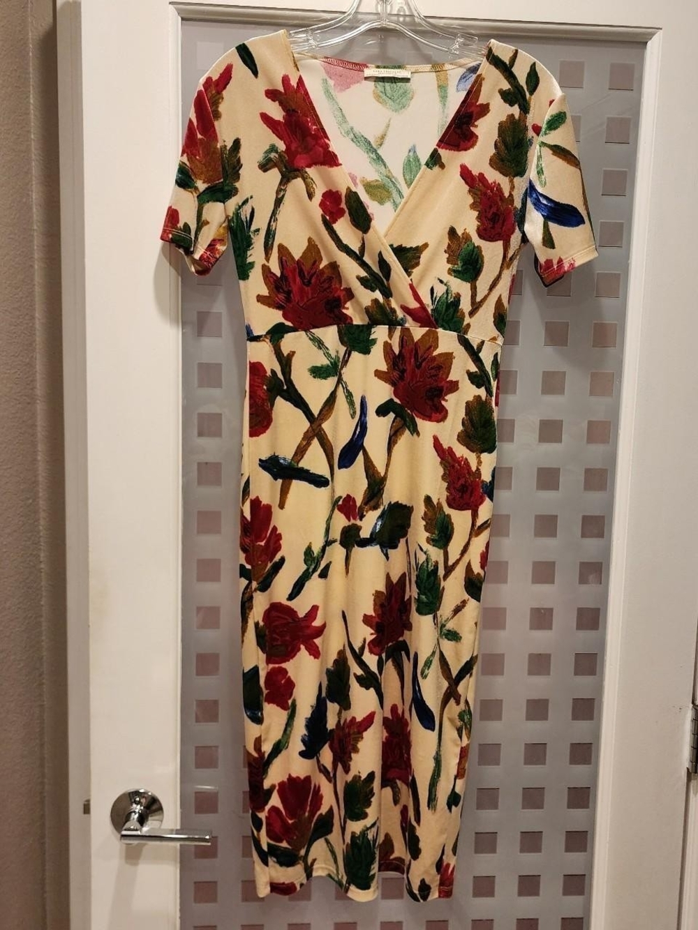 Zara Cream Midi Dress with Red Floral Print